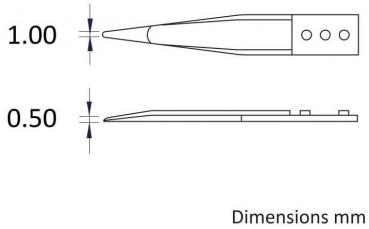 The image shows a technical drawing with two views. The top view shows a pointed shape with the dimension 1.00 mm, and the bottom view shows a flat shape with 0.50 mm. On the right it says "Dimensions mm".