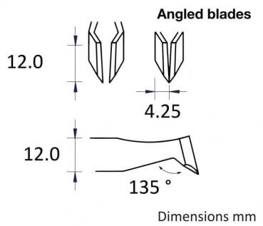 The image displays technical drawings of angled blades. Dimensions in millimeters are provided: height 12.0, width 4.25, and a 135° angle. Clearly and schematically illustrated.