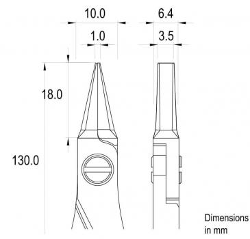 The image shows a technical drawing of a tool. Dimensions in millimeters are provided: 130 mm (height), 18 mm (width), and additional measurements that describe the shape of the tool.