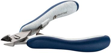The image shows a nail clipper with ergonomic, blue handles. The blades are sharp and metallic, and the cutting mechanism is slightly open. It appears handy and precise.