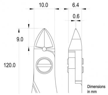 The image displays a technical drawing with two views of an object. The dimensions are provided in millimeters. The object has a pointed shape and is 120 mm long.