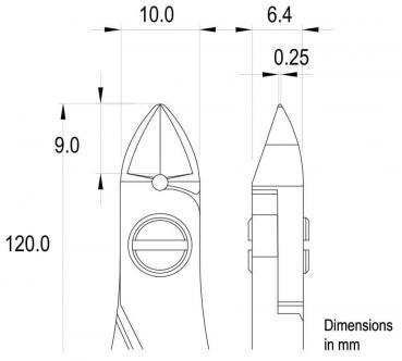 The image displays technical drawings of an object with specific dimensions in millimeters. It is shown from the side and front, with precise dimensions for height and width.