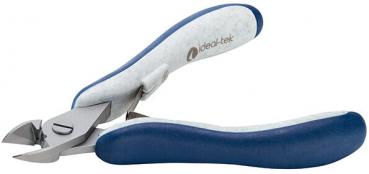 The image displays a standard pair of pliers with two long, ergonomic handles in blue and gray, and a sharp, pointed blade. It is used for cutting wire or small objects.