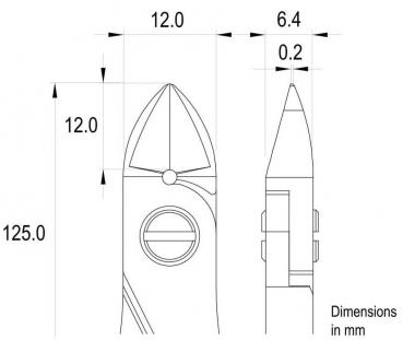 The image displays a technical drawing of an object viewed from the side and the top. Dimensions in millimeters for width and height are indicated.