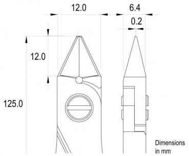 The image displays technical drawings of an object with dimensions in millimeters: An elongated part with pointed ends, lateral circles, and specific dimensions, including 125 mm.