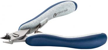 The image shows a nail or plastic clipper. It has ergonomic, gray and blue handles and a curved blade at the tip, which is used for cutting.