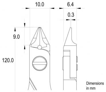 The image shows a technical drawing of a tool, likely a pair of pliers. Dimensions are provided: height 120 mm, tip 10 mm, width 6.4 mm, with various details and proportions.