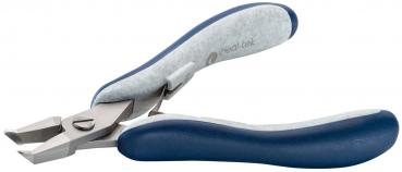The image shows a high-quality nail clipper. It has gray rubber grips and a silver blade that tapers to a point. The clipper is sturdy and ergonomically shaped for easy gripping.