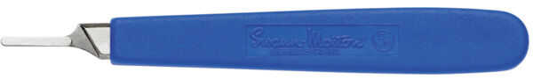 The image displays a sharp, metallic scalpel with a curved blade. It is labeled with 