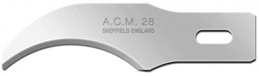The image shows a curved, smooth steel blade with the inscription "A.C.M. 28" and "SHEFFIELD ENGLAND". It has a notch on the side and is intended for precise cuts.