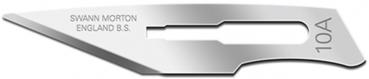 The image displays a silver, sharp blade with a pointed, slightly curved shape. On the blade, the words "SWANN MORTON," "ENGLAND," and the marking "10A" are inscribed.