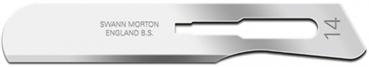 The image displays a scalpel-like, sharp, silver instrument with a straight blade and a handle featuring an opening. Details of the manufacturer and number are engraved on it.