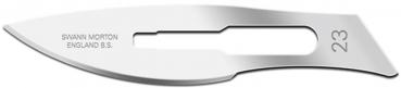 The image depicts a surgical blade, elongated and narrow, with a smooth, shiny surface. Marks and a number are engraved on the blade. It is very sharp and pointed.