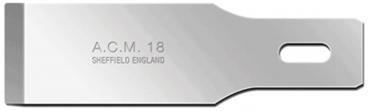 The image shows a shiny, metallic blade tool with a broad edge. It has an embossed inscription: "A.C.M. 18 SHEFFIELD ENGLAND" and a round hole at the handle end.