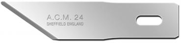 The image displays a sharp, flat metal blade. It features a beveled edge and a mounting hole. The blade is marked with "A.C.M. 24 SHEFFIELD ENGLAND".