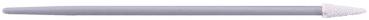 The image displays a slim, gray pen with a white, pointed cap. The pen is straight and has a smooth surface.