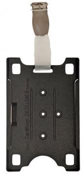 The image shows a rectangular, black bracket with four holes and a mounting loop on top. The surface is smooth and has a matte texture.