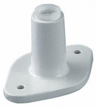 The image shows a conical white plastic holder attached to a flat base. The holder has an opening at the top and two side holes for mounting.