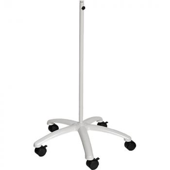 The image shows a white, narrow stand on a five-pronged base. The base has casters for mobility. The stand appears lightweight and could hold a writing instrument or desk device.