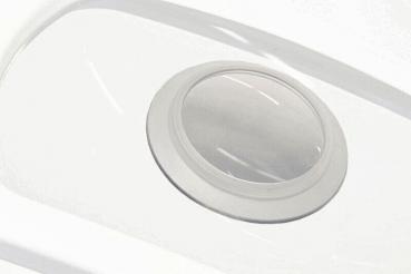 The image shows a round, flat lens in a white casing. The lens has a round, smooth edge and is slightly curved. The background is also white.