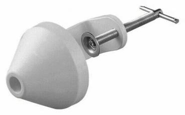 The image shows a simple, white tool part with a conical shape, attached to a metal bolt. It has a central opening and a screw for attachment.