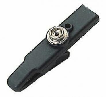 The image shows a black plastic clip hook. It has a long, narrow shape with a round screw in the center that is used for fastening.
