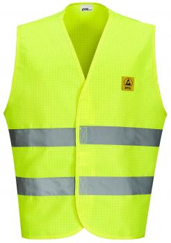 The image shows a bright yellow safety vest without sleeves. It has two gray reflective stripes in the middle and upper area. There is a small logo at the top.
