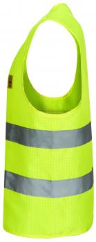 The image shows a brightly yellow warning vest made of a lightweight material. It has wide gray reflective stripes in the middle and along the top edge. The vest features large armholes.
