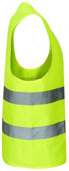 The image shows a brightly yellow warning vest made from a lightweight material. It has two horizontal, reflective stripes in the middle, ensuring safety.