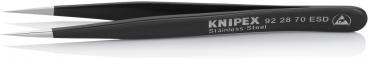 The image shows a black tweezer with narrow, pointed tips. It has a smooth, matte surface and is labeled with "KNIPEX" and a model number.