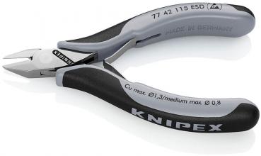 Das Bild zeigt eine kleine, ergonomische Zange mit grauen und schwarzen Griffen. Die Klingen sind spitz und glänzend, ideal zum Schneiden feiner Drähte. Auf dem Griff steht "KNIPEX".