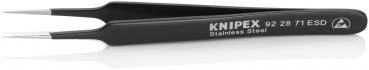 The image shows a black, pointed tweezer made of stainless steel. It has two long, narrow prongs and an elongated handle. The brand name "KNIPEX" and some numbers are printed on the handle.