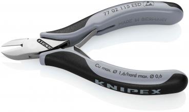 The image shows a pair of pliers with curved, gray and black handles. The blade is blunt and narrow, ideal for precise tasks. The pliers are marked with brand and size specifications.