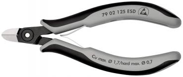 The image shows a small pair of pliers with gray and black handles. The pliers have a flat cutting edge, ideal for cutting fine wires. They are ergonomically shaped and lightweight.