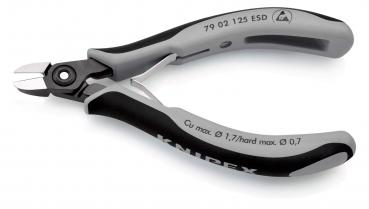 The image displays a classic combination pliers. It features ergonomic handles in black and gray plastic. The cutting edge is narrow and metallic, ideal for precise work.