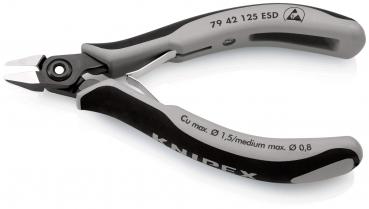 The image shows a small flat-nose pliers with gray and black rubber grips. The jaws of the pliers are narrow and pointed, ideal for cutting. The model number and brand name are embossed on the handle.