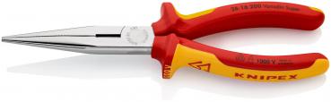 Es handelt sich um eine Zange mit langen, spitzen Backen. Die Griffe sind rot-gelb gefärbt und ergonomisch geformt. Auf der Zange steht der Markenname "KNIPEX".