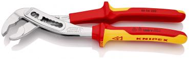 The image shows an adjustable wrench with metallic jaws and non-slip, red-yellow handles. The wrench is sturdy and has a distinctive shape, ideal for gripping and turning objects.