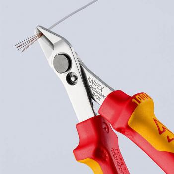 Das Bild zeigt eine rote Zange mit ergonomischen, gelben Griffen und scharfen, spitzen Schneiden. Sie hält mehrere dünne Drähte, die am Ende abgeknipst werden.