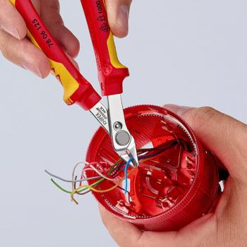 Ein Handgriff hält eine rote Zange, die gerade verschiedene farbige Drähte über einer roten, runden Dose schneidet. Der Fokus liegt auf dem Handwerkzeug und den Drähten.