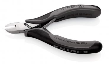 The image shows a pointed pair of pliers with a shiny cutting edge and ergonomic, black handles. On the pliers, it reads "KNIPEX" and other technical specifications.