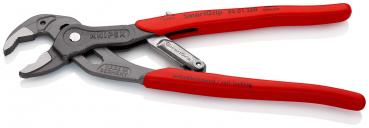 The image shows a red pliers with a black head. It has a straight cutting edge and a gripping opening, which is used for holding or turning objects. The handles are ergonomic.