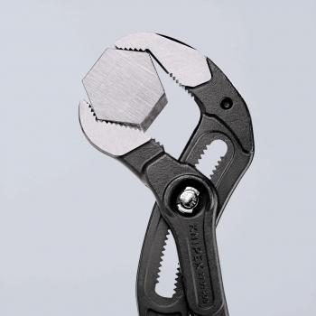 The image shows a pair of pliers with a hexagonal, metallic head. The pliers have grippy, black handles and are open, ready to grasp or hold objects.