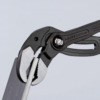 The image shows a black pair of pliers from Knipex, which is open. The pliers have a textured gripping surface and an adjustable position for various objects.