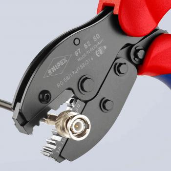 The image shows a pair of pliers with black and red handles. On one side, there is a round component, while the pliers have sharp blades and notches for stripping wires.
