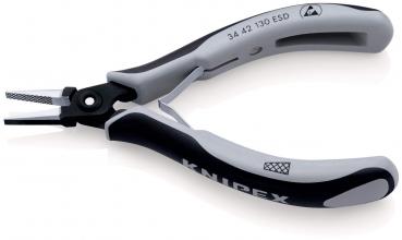 Das Bild zeigt eine graue und schwarze Zange mit schmalen, spitzen Backen. Der Griff ist ergonomisch geformt und trägt das Logo ?KNIPEX?. Die Zange ist für präzise Arbeiten geeignet.