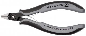 The image shows a small pair of pliers with gray, ergonomic handles. The cutting edges are pointed and sharp, ideal for precise tasks such as cutting wires.