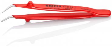 Das Bild zeigt eine rot lackierte Zange mit zwei geschwungenen, spitzen Enden. Sie hat einen rutschfesten Griff und die Aufschrift "KNIPEX" ist sichtbar. Die Zange ist auf einer weißen Fläche.