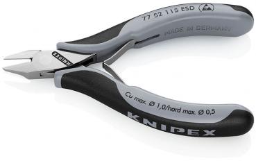 The image shows a precise pair of pliers with short, narrow tips and ergonomic, grippy rubber handles. It bears the brand "KNIPEX" and is designed for fine work.
