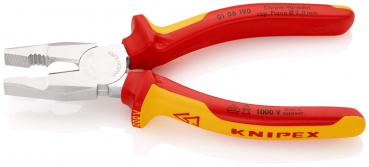 Das Bild zeigt eine rot-gelbe Zange mit glatten und gezahnten Backen. Sie hat eine robuste, ergonomische Form und ist für handwerkliche Arbeiten geeignet. Markiert mit "KNIPEX".